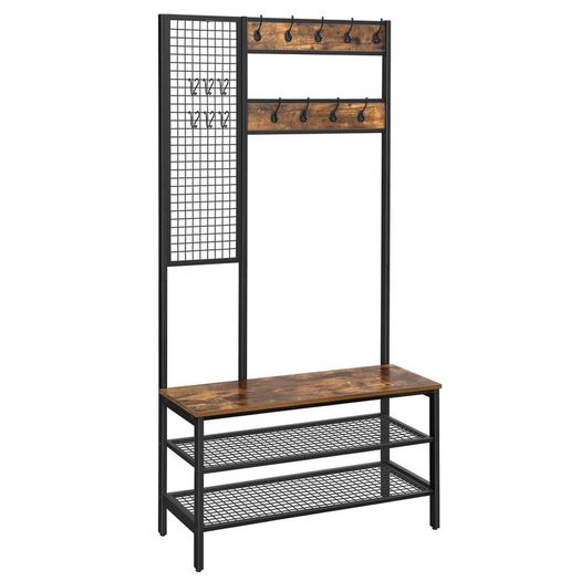 New XXL Metal Hall Tree Coat Rack with Shoe Bench + Grid Wall - FREE P&P