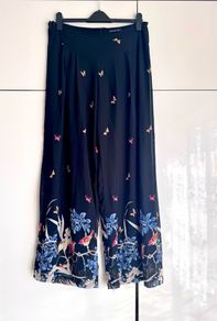 Wide Leg Floral Trousers, Black Flowy Summer Trousers  - Size 14