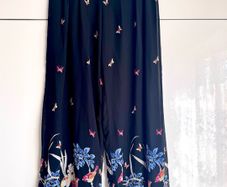 Wide Leg Floral Trousers, Black Flowy Summer Trousers  - Size 14