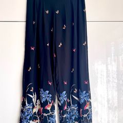 Wide Leg Floral Trousers, Black Flowy Summer Trousers  - Size 14