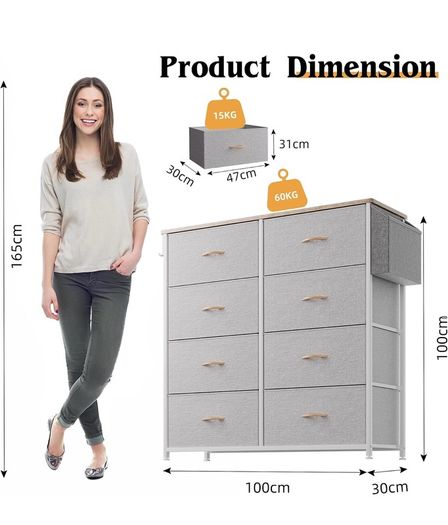Fabric Chest of Drawers - Canvas Storage Unit with 8 Large Drawers Label Cards, Side Pocket & Hook for Living Room, Hallway, Bedroom