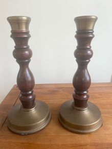 vintage wood turned and brass candlestick holders