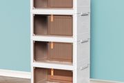 4-Tier Plastic Stackable Storage Boxes with 1 Lid 23L/Tier, Folding Storage Bins with Wheels, Storage Organizer for Bedroom Living Room Study Office