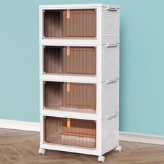 4-Tier Plastic Stackable Storage Boxes with 1 Lid 23L/Tier, Folding Storage Bins with Wheels, Storage Organizer for Bedroom Living Room Study Office