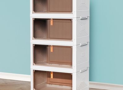 4-Tier Plastic Stackable Storage Boxes with 1 Lid 23L/Tier, Folding Storage Bins with Wheels, Storage Organizer for Bedroom Living Room Study Office
