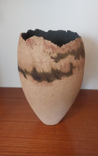 Fabulous Tall Hand-Built Studio Pottery Vase in a Textured Stoneware Clay with an Organic Asymmetric Shape, Hand Made, A Piece of Sculptural Art, But Unknown Maker