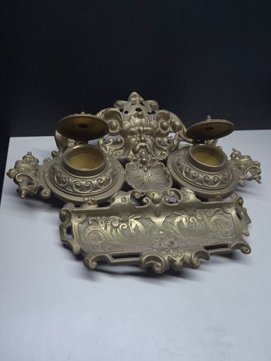 Vintage Ornate Brass Double Inkwell Desk Stand