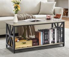 Farmhouse Coffee Table, Rectangle Coffee Table with Open Storage Compartment