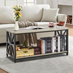 Farmhouse Coffee Table, Rectangle Coffee Table with Open Storage Compartment
