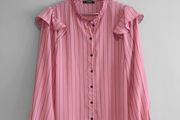 Pre Owned Dunnes Stores Pink Striped Ruffle Blouse