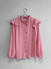 Pre Owned Dunnes Stores Pink Striped Ruffle Blouse
