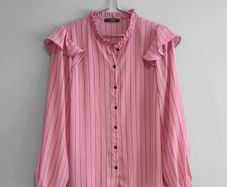 Pre Owned Dunnes Stores Pink Striped Ruffle Blouse