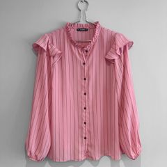 Pre Owned Dunnes Stores Pink Striped Ruffle Blouse