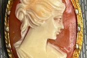 Vintage Shell Cameo Brooch Gold Tone Frame Victorian Style Lady Portrait Pin