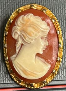 Vintage Shell Cameo Brooch Gold Tone Frame Victorian Style Lady Portrait Pin