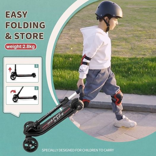 Kids Scooter - Big Wheels Foldable Kick Scooter with Flashing LED Lights for Boys Girls, 4 Levels Height Adjustable, 3 Wheel Scooter for Kids Ages 3-10 with Safe Lean to Steer Design