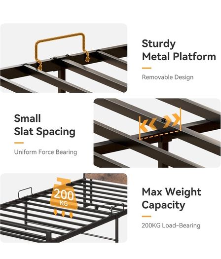3ft Single Bed Frame with Storage Wooden Headboard, 90x190cm LED Light & Charging Station, Platform Metal Bed Frame Single, with Underbed Storage, Strong Metal Slat Support