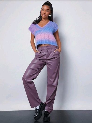 PU Leather Women's Pants Purple, High-Waist, Straight Leg