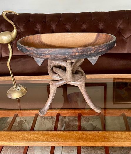 Unique Vintage Wooden African Tribal Art Decor Hand made bowl on Tripod folding Stand