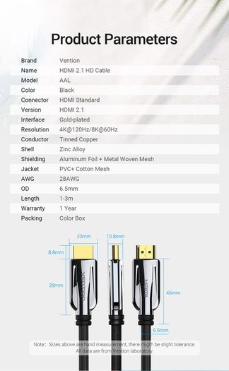 VENTION 3M Premium HDMI 2.1 UHD/3D 8K (7680x4320@60Hz) 48Gbps Luxury Model (Zinc Alloy/Cotton Braided/Gold Plated) Cable (Brand New/Warranty)