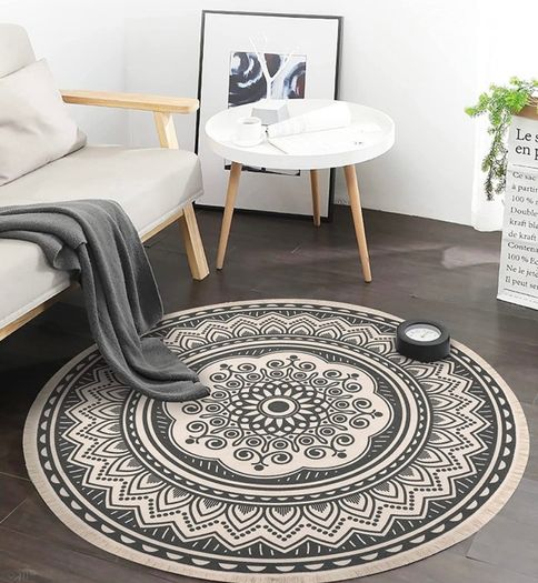 4ft Circle Rug Round Area Rug Cotton Woven Rug with Tassels Washable Mandala Black White Printed for Bedroom Livingroom Kitchen (FREE POSTAGE)
