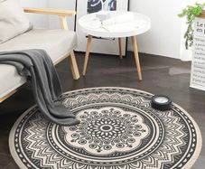 4ft Circle Rug Round Area Rug Cotton Woven Rug with Tassels Washable Mandala Black White Printed for Bedroom Livingroom Kitchen (FREE POSTAGE)
