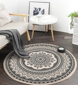4ft Circle Rug Round Area Rug Cotton Woven Rug with Tassels Washable Mandala Black White Printed for Bedroom Livingroom Kitchen (FREE POSTAGE)