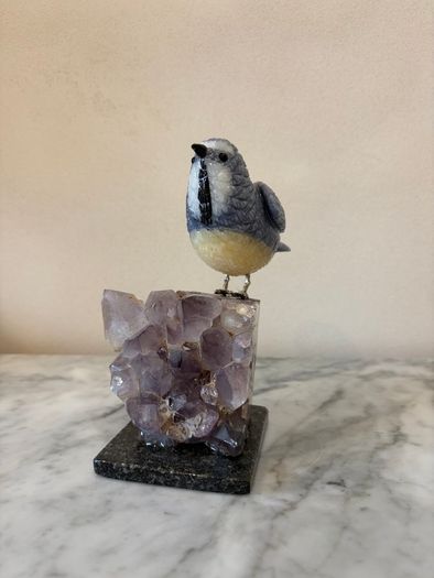 Hand-Carved Blue Tit on Raw Amethyst Cluster Base