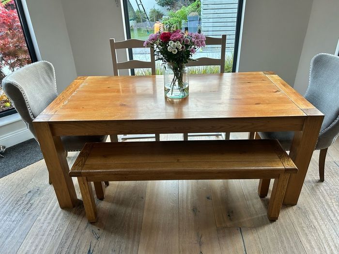 dining table, chairs and bench