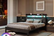 King Size Bed Frames with 5ft Upholstered Wooden Two-shelf Storage Headboard, Charging Station,LED Lights