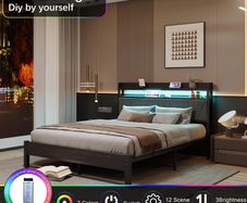King Size Bed Frames with 5ft Upholstered Wooden Two-shelf Storage Headboard, Charging Station,LED Lights