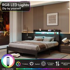 King Size Bed Frames with 5ft Upholstered Wooden Two-shelf Storage Headboard, Charging Station,LED Lights