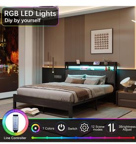 King Size Bed Frames with 5ft Upholstered Wooden Two-shelf Storage Headboard, Charging Station,LED Lights