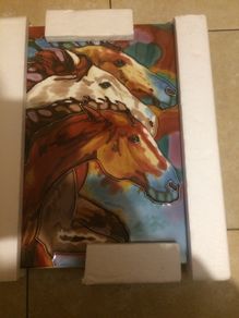 hand crafted art on tile of horses glazed new in box