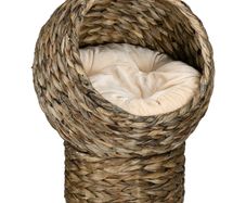 Woven Banana Leaf Elevated Cat Bed Wicker Kitten Basket Pet Den. House Cozy Cave with Soft Cushion Dome 42x33x52cm Dark Brown