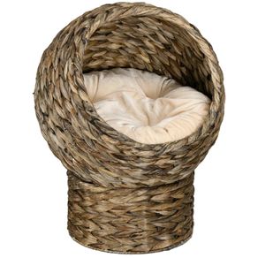 Woven Banana Leaf Elevated Cat Bed Wicker Kitten Basket Pet Den. House Cozy Cave with Soft Cushion Dome 42x33x52cm Dark Brown