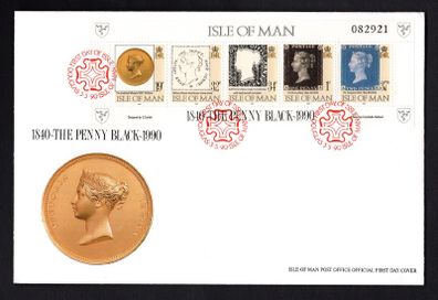 1990 Isle of Man 150th Anniversary of the Penny Black Stamp Miniature Sheet Addressed First Day Cover (FDC).