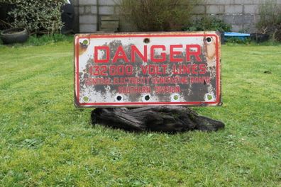 Original, Vintage Irish Original Enamel Sign DANGER 132000 Volt Lines