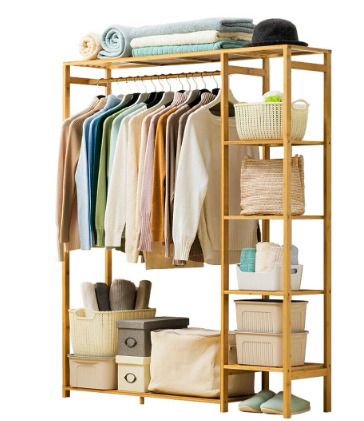 BRAND NEW Bamboo Wood Clothing Garment Rack with Shelves Clothes Hanging Rack