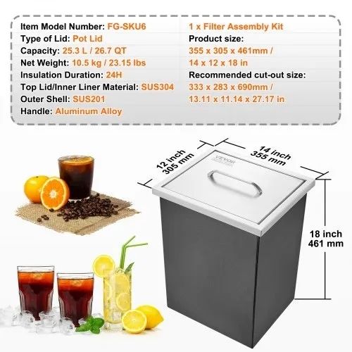 Drop in Ice Chest, 14"L x 12"W x 18"H Stainless Steel Ice Cooler, Commercial Ice Bin with Cover, 40 qt Outdoor Kitchen Ice Bar