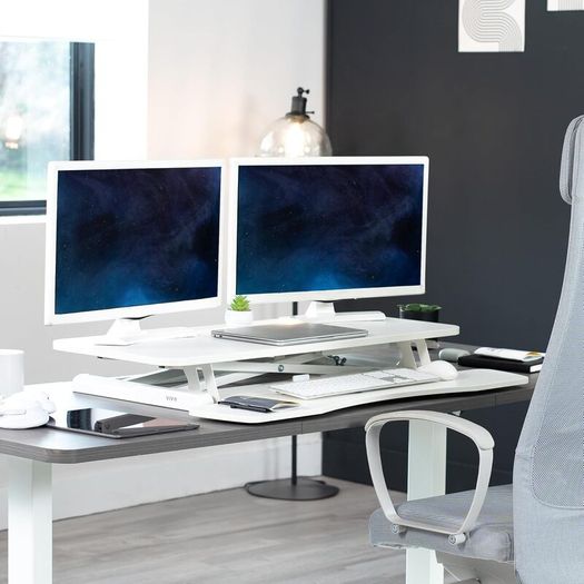 91 cm Desk Converter K Series Height Adjustable Sit to Stand Riser Dual Monitor and Laptop Workstation with Wide Keyboard Tray White DESK-V036KW