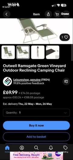 Outwell Ramsgate Green Vineyard Outdoor Reclining Camping Chair Zero Gravity Chair