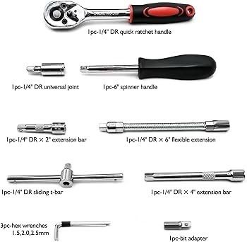 NEW SALE | 46 Pieces 1/4 inch Drive Socket Ratchet Wrench Tool Set, with Bit Socket Set Metric and Extension Bar for DIY, Auto Repairing and Household, with Storage Case