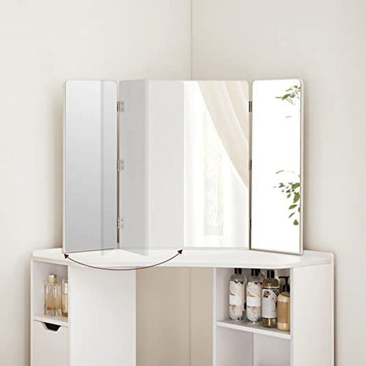 _Dressing table, corner dressing table, dressing table, cosmetic table, 3-part folding mirror, 2 drawers, 3 open compartments, 110 x 54 x 140 cm, modern, white