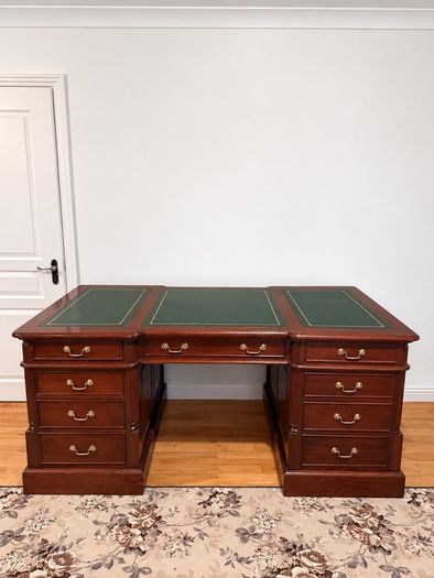 Large Executive Pedestal Writing Desk Green Leather Top