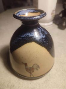 MUCROS Pottery Bud Vase with Bird/Rooster Blue Drip Glazed Ireland Stamped