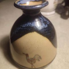 MUCROS Pottery Bud Vase with Bird/Rooster Blue Drip Glazed Ireland Stamped