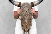 Large authentic brown bull skull Lotus motifs