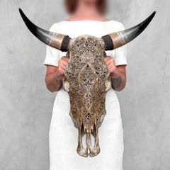 Large authentic brown bull skull Lotus motifs