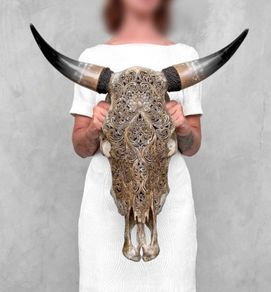 Large authentic brown bull skull Lotus motifs